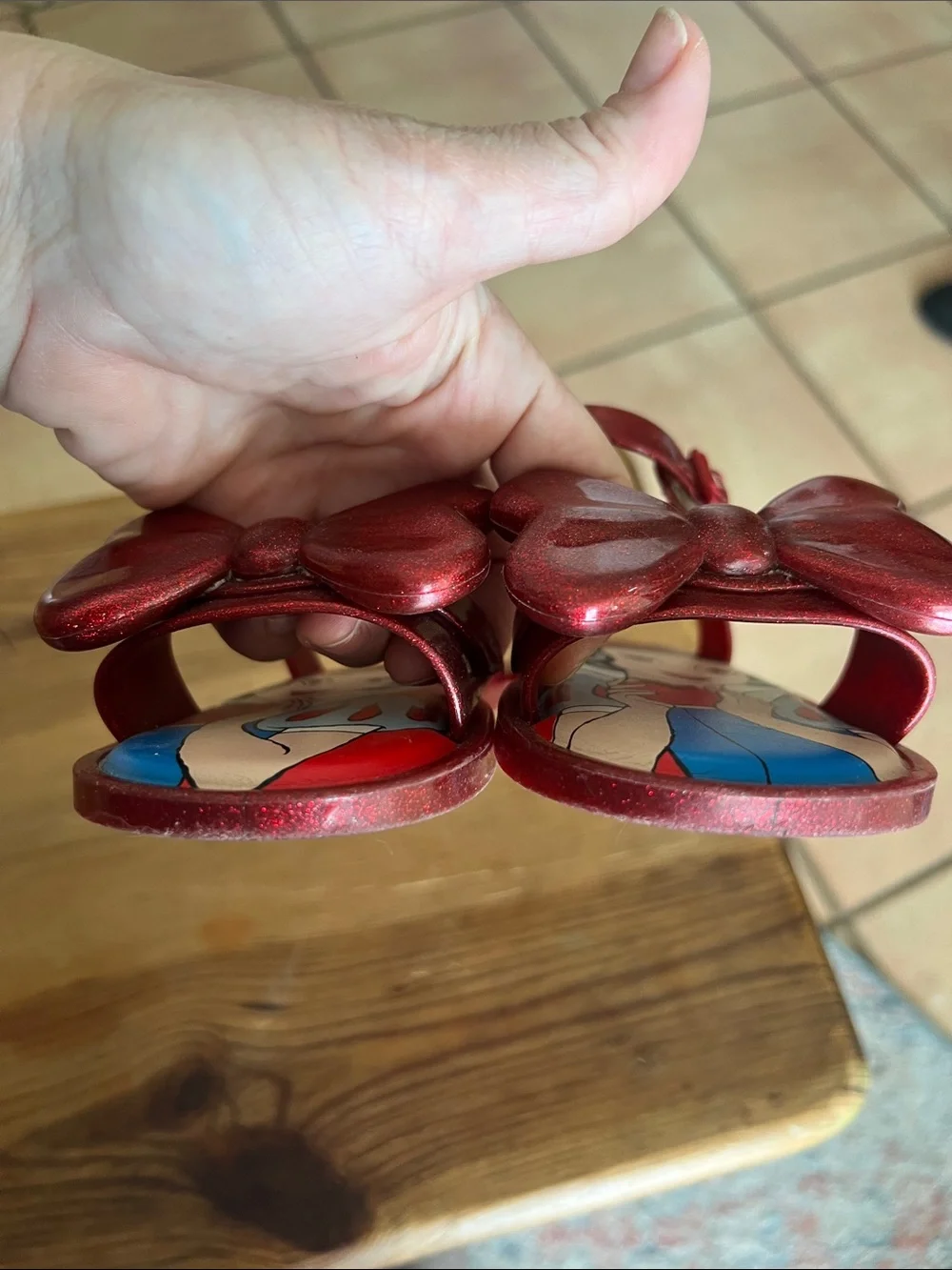 Mini Melissa Red Glitter Bow Sandals with Blue Insole Art